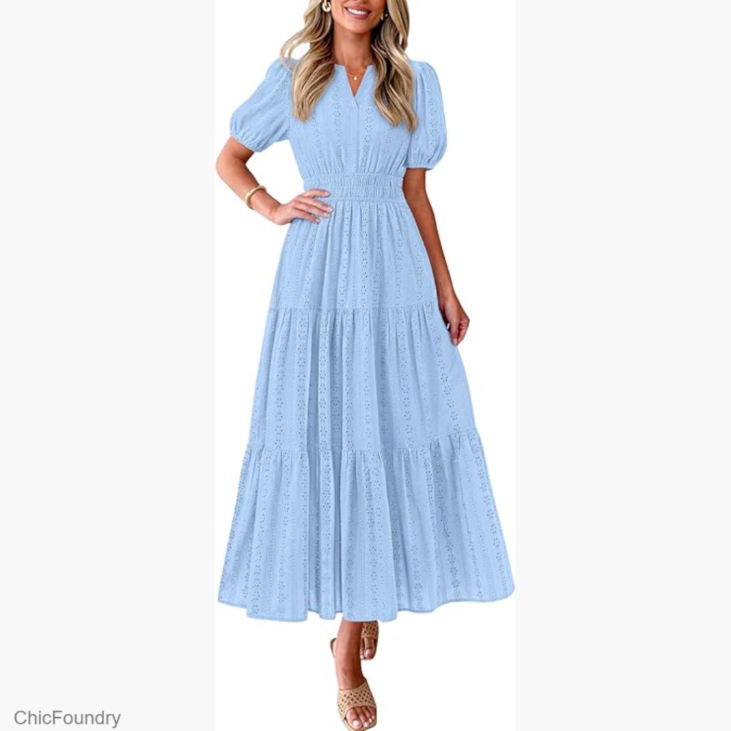 Lightweight Cotton Maxi Dress With Puff Sleeves, V-Neck, Smocked Waist